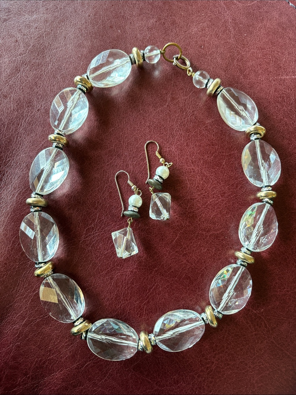 Estate Sale! Large Oval Faceted Crystal Black/Gold Necklace and Earrings Set